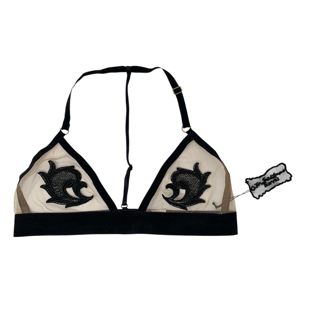 For Love & Lemons Skivvies Black Nude Floral Applique T Strap Bralette S NWT